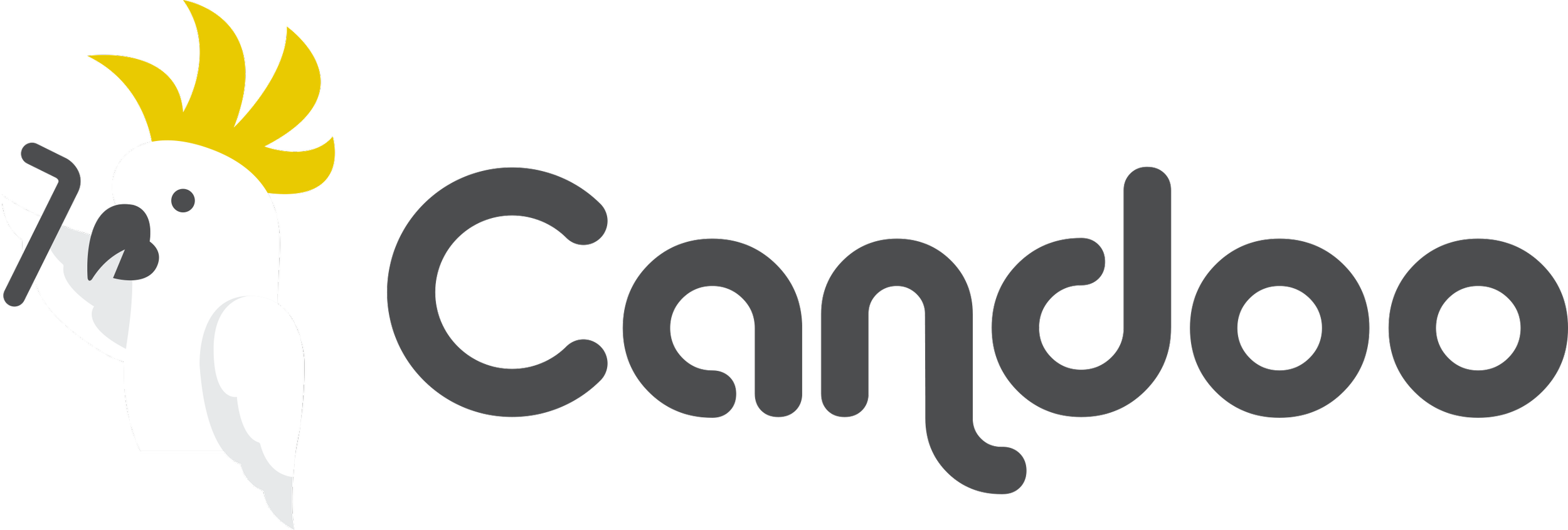 Logo featuring a cartoon cockatoo with yellow crest and white body, holding an allen key with one wing, next to the word 'Candoo' in stylized black font.