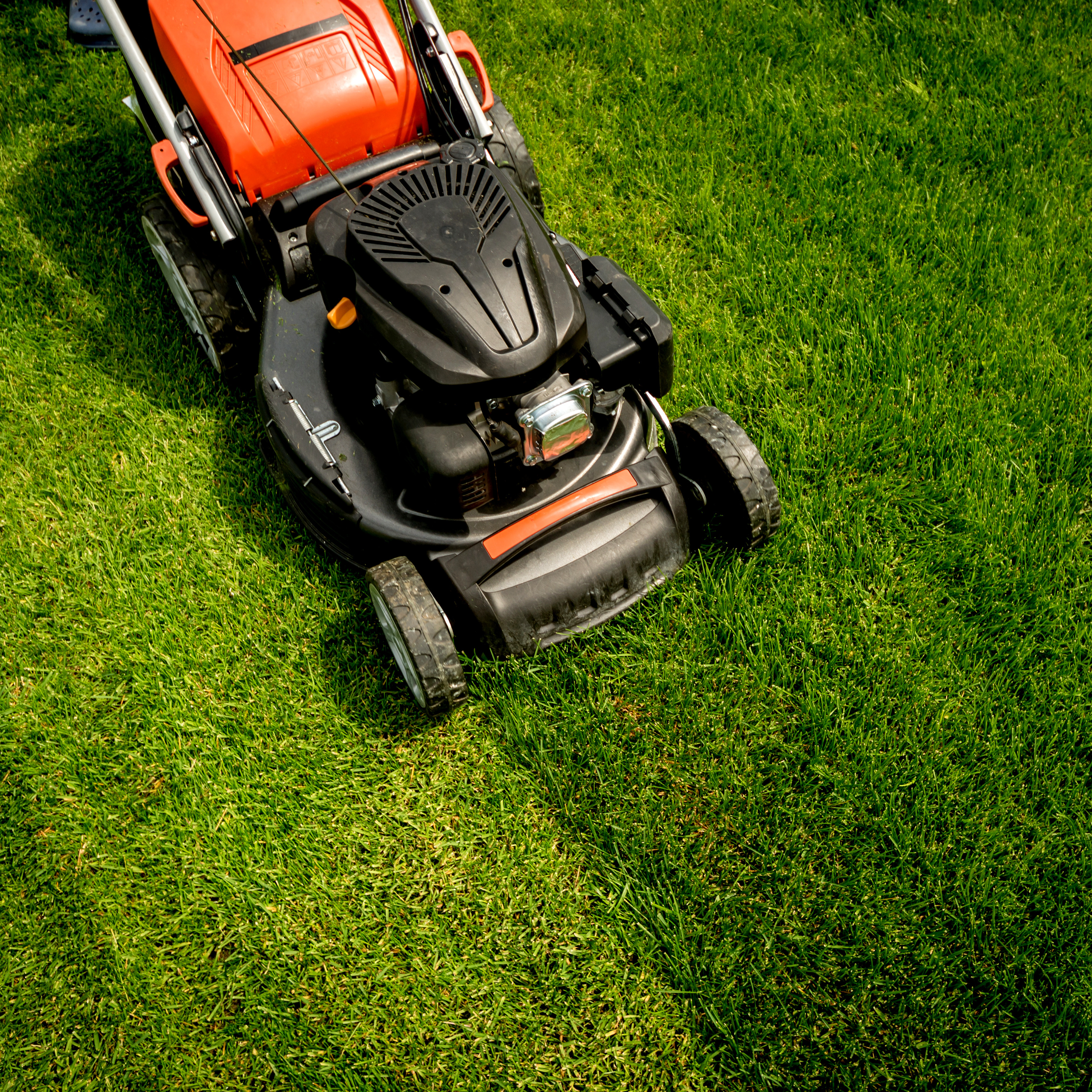 A lawn mower lying on a green grass lawn.