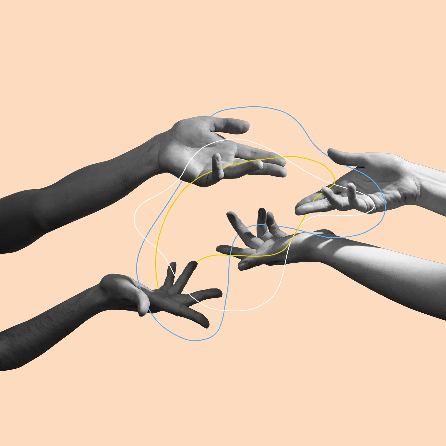 Several black and white hands reaching towards each other against a peach background, with colorful lines connecting the hands. To show inter human connection