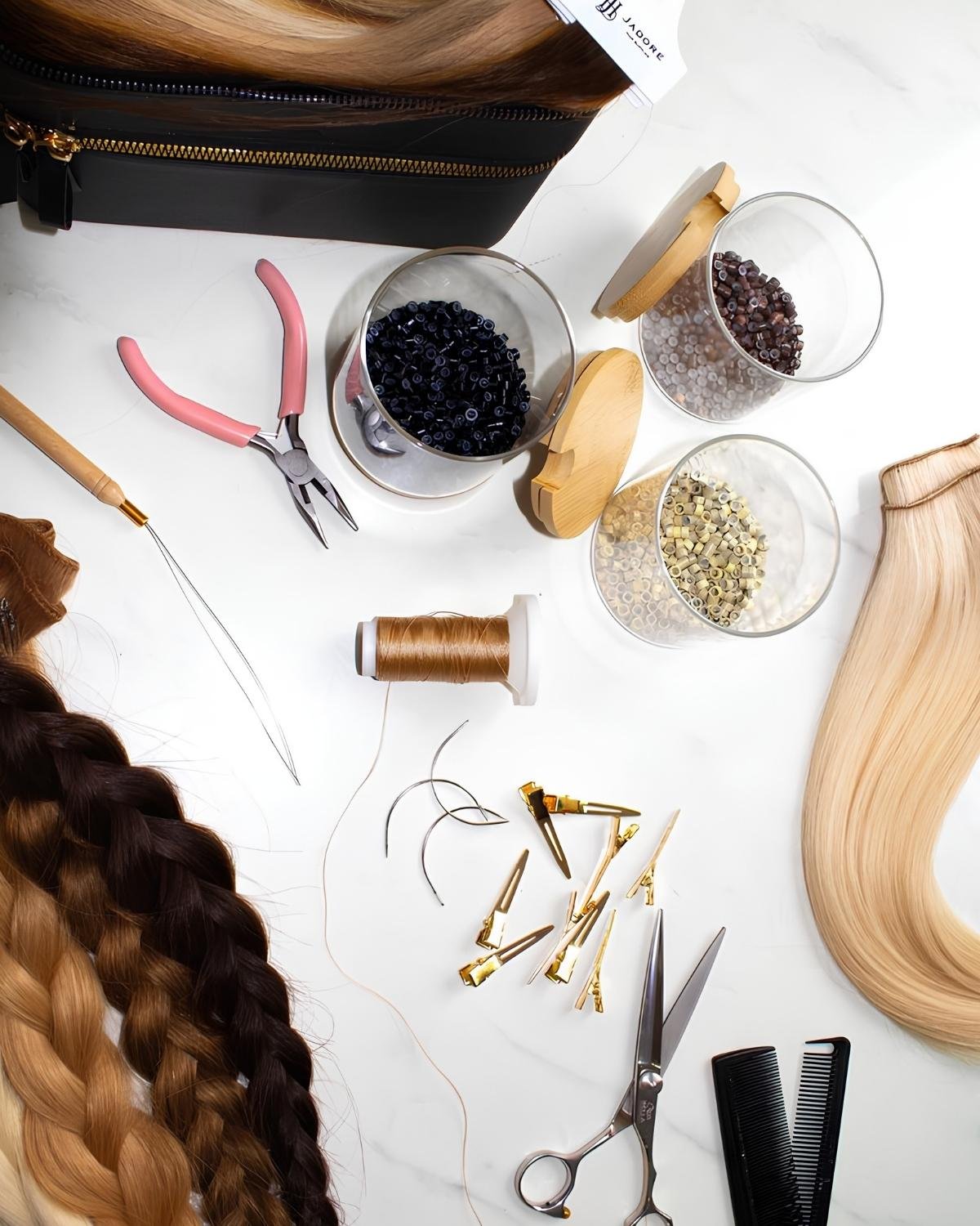 Hair extensions supplies including hair, beads, crimping pliers, scissors, and combs on a white surface.