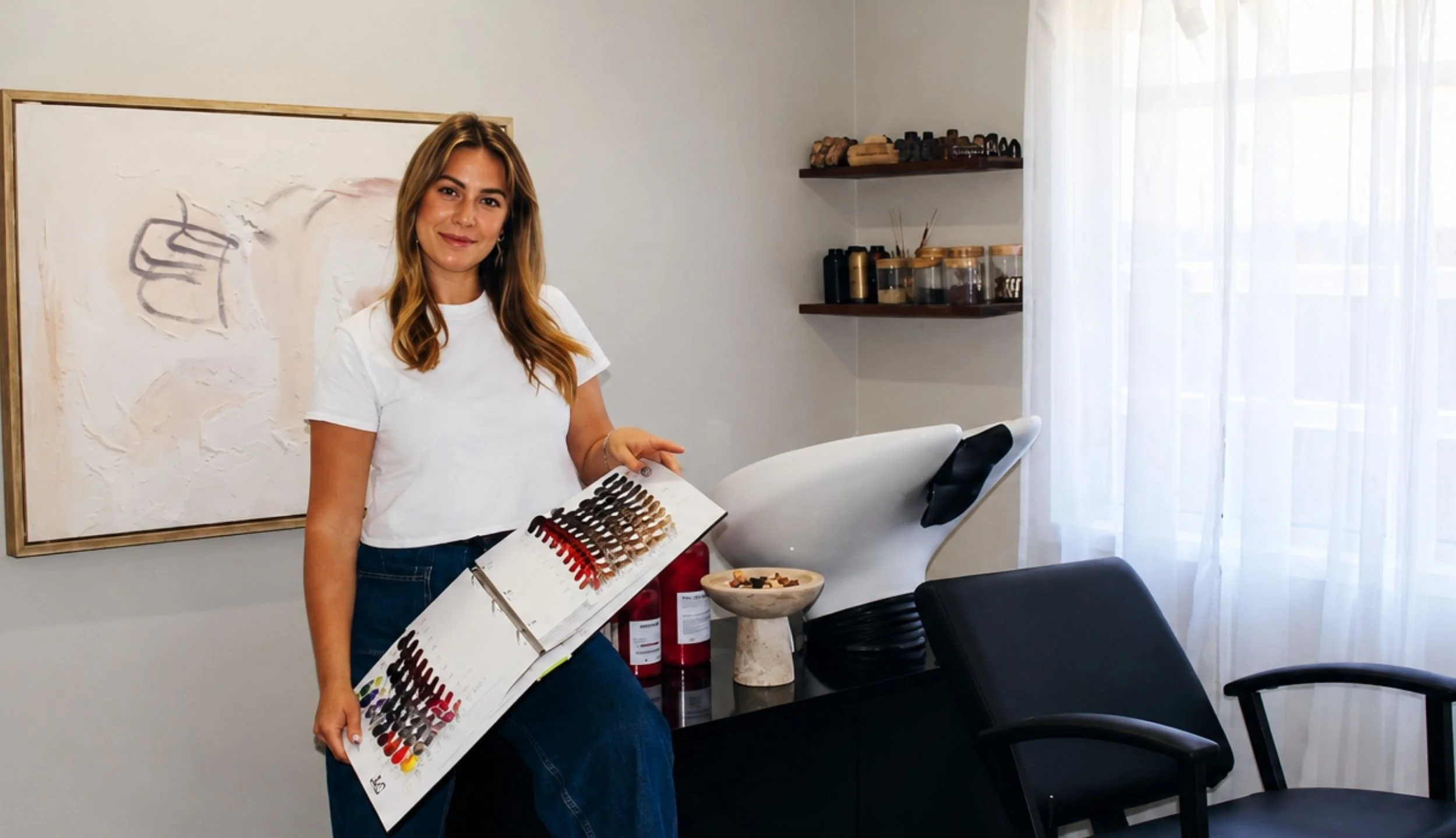 A woman with light brown hair wearing a white t-shirt and jeans is sitting in a room holding a color swatch fan deck. Behind her, there is a large abstract painting with neutral tones, a white modern chair, and shelves with jars and bottles. Light filters through sheer curtains on a window.