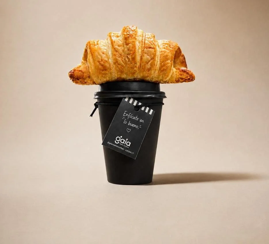 Una taza negra con una etiqueta que dice 'Enfócate en lo bueno' y un croissant grande sobre la taza.