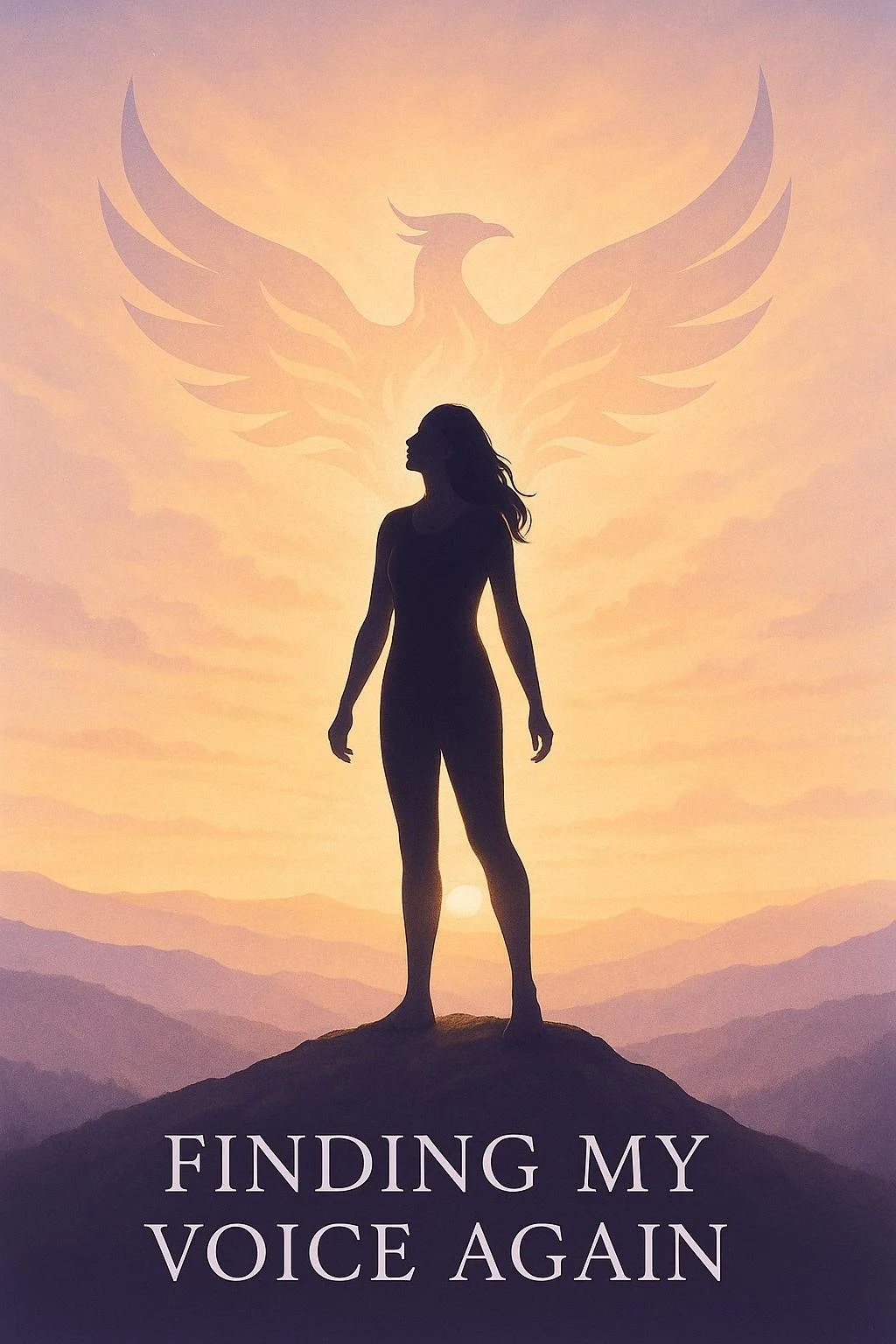 Silhouette of a woman standing on a hilltop during sunset with a phoenix outline in the sky behind her and the text 'Finding My Voice Again' at the bottom.