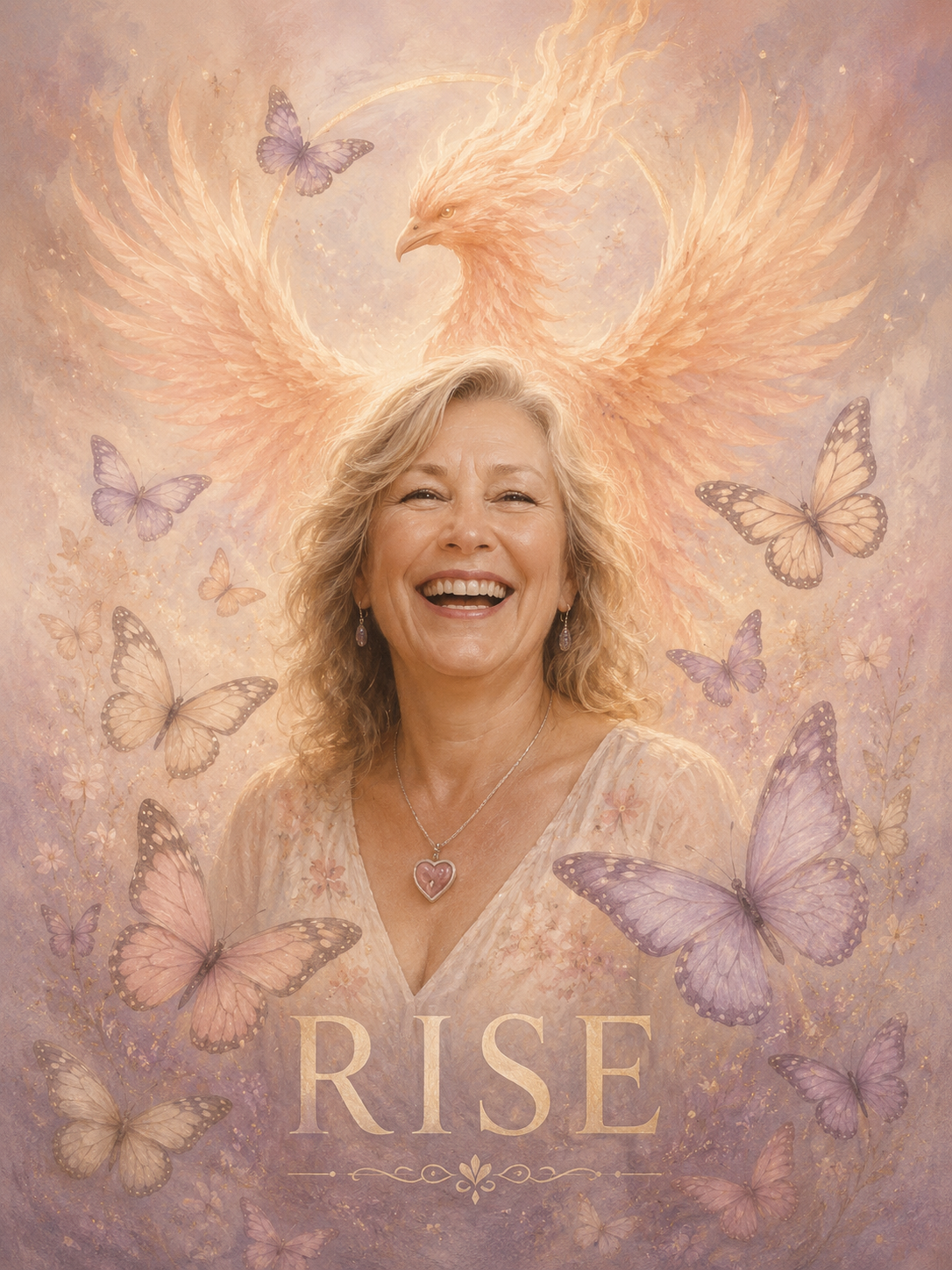 A joyful middle-aged woman with curly blonde hair smiling, wearing earrings, a necklace with a pink heart pendant, and a peach-colored dress, surrounded by purple butterflies and a large, peach-colored phoenix with outstretched wings in the background, with the word 'RISE' at the bottom.