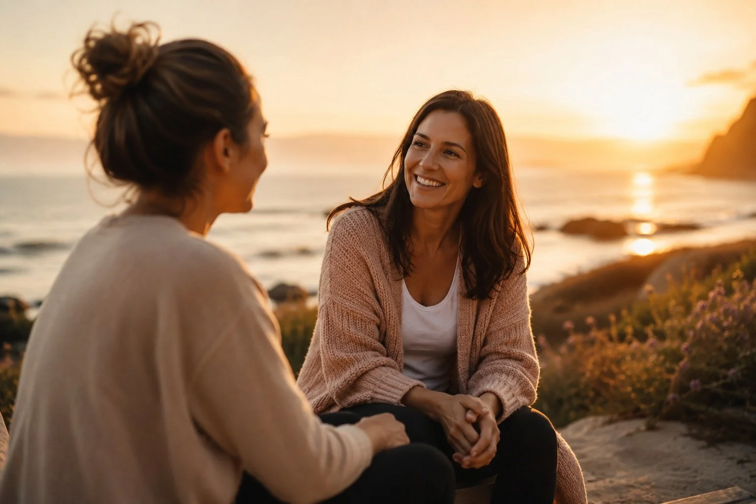Two women sitting on rocks at the beach during sunset, smiling and talking.
