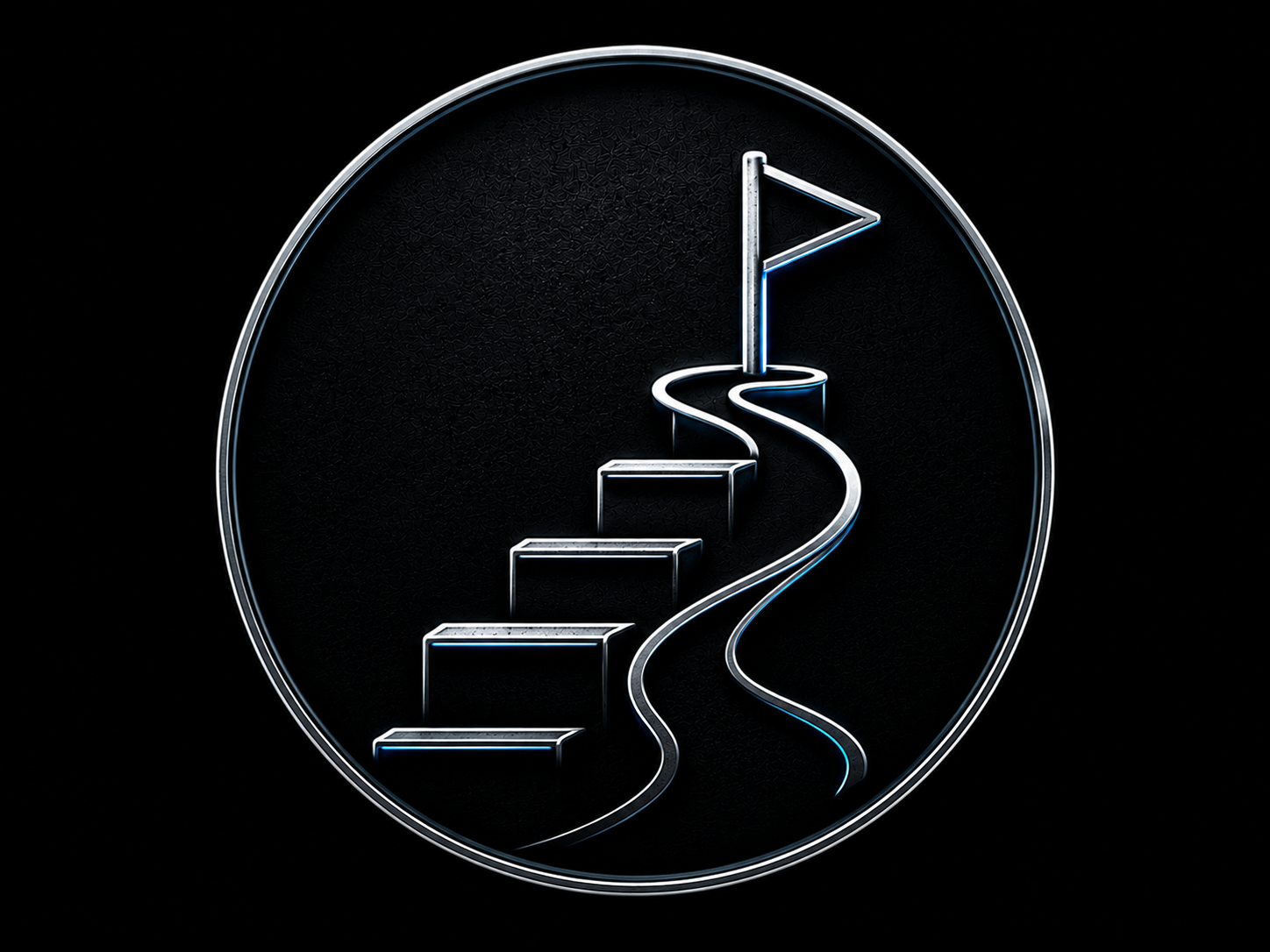 Neon sign of a staircase with a winding path leading up to a flag, encased in a circular frame on a black background.