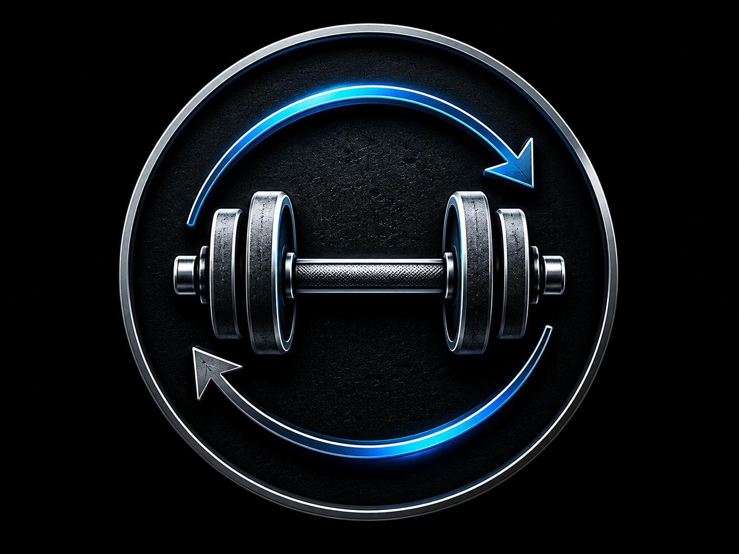 A digital illustration of a dumbbell with an arrow indicating rotation, surrounded by a circular arrow, representing exercise or workout rotation.