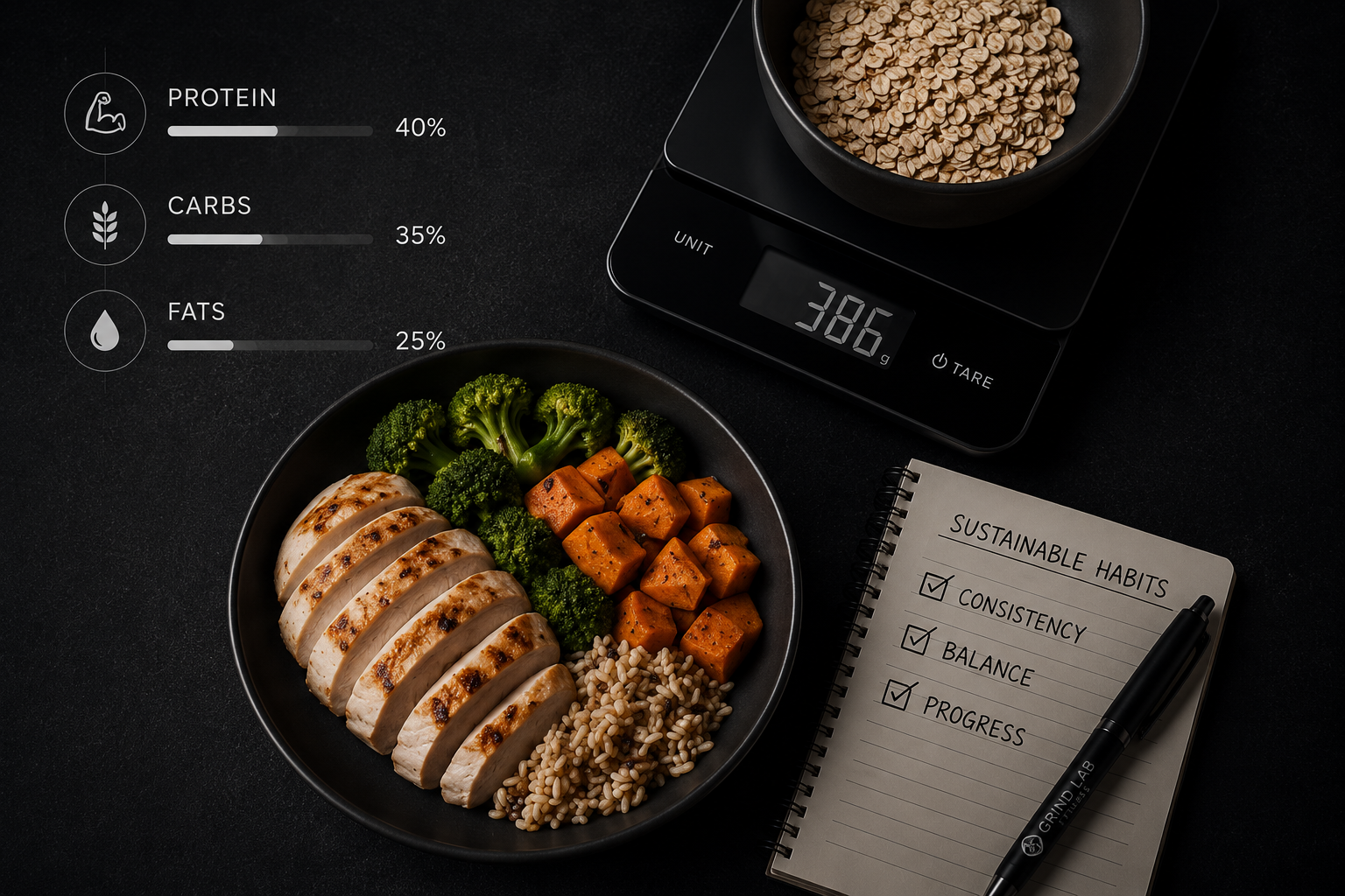 A plate of grilled chicken breast with broccoli, roasted sweet potatoes, and white rice. A digital kitchen scale shows 38.6 grams. A notebook lists sustainable habits: consistency, balance, and progress. A black pen is placed on the notebook.
