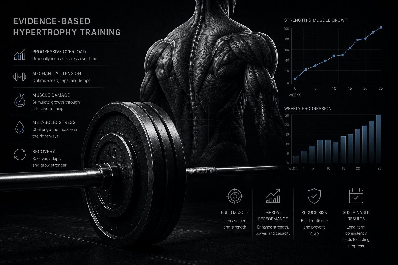 A muscular human back with a large weightlifting barbell in the foreground. The background features graphs showing strength and muscle growth over weeks and weekly progression. Text on the image discusses evidence-based hypertrophy training principles, including progressive overload, mechanical tension, muscle damage, metabolic stress, and recovery, along with icons representing muscle building, performance improvement, risk reduction, and sustainable results.