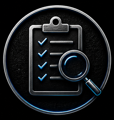 Icon of a clipboard with five checkmarks and a magnifying glass, representing inspection or review.