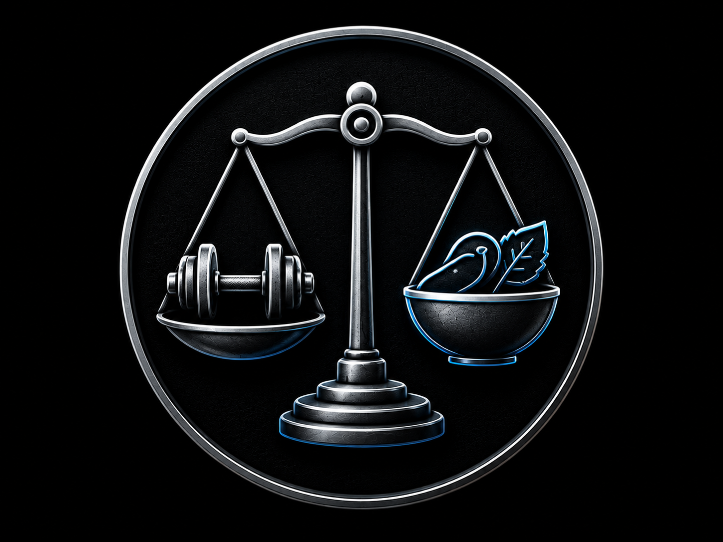 A neon sign featuring a balance scale. One side holds a dumbbell, and the other side holds a bowl with a cherry and a leaf.