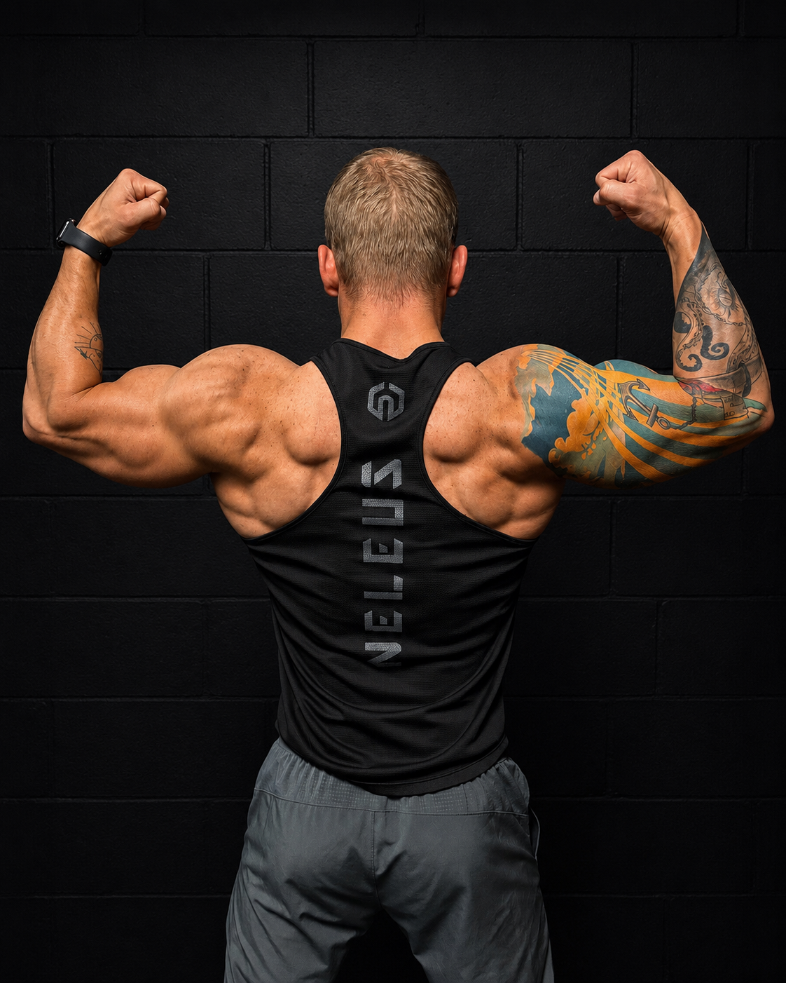 A muscular man with tattoos on both arms, wearing a black sleeveless athletic shirt and gray shorts, flexing his biceps in front of a black brick wall.