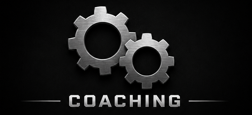 Two metallic gears above the word 'COACHING' on a black background.