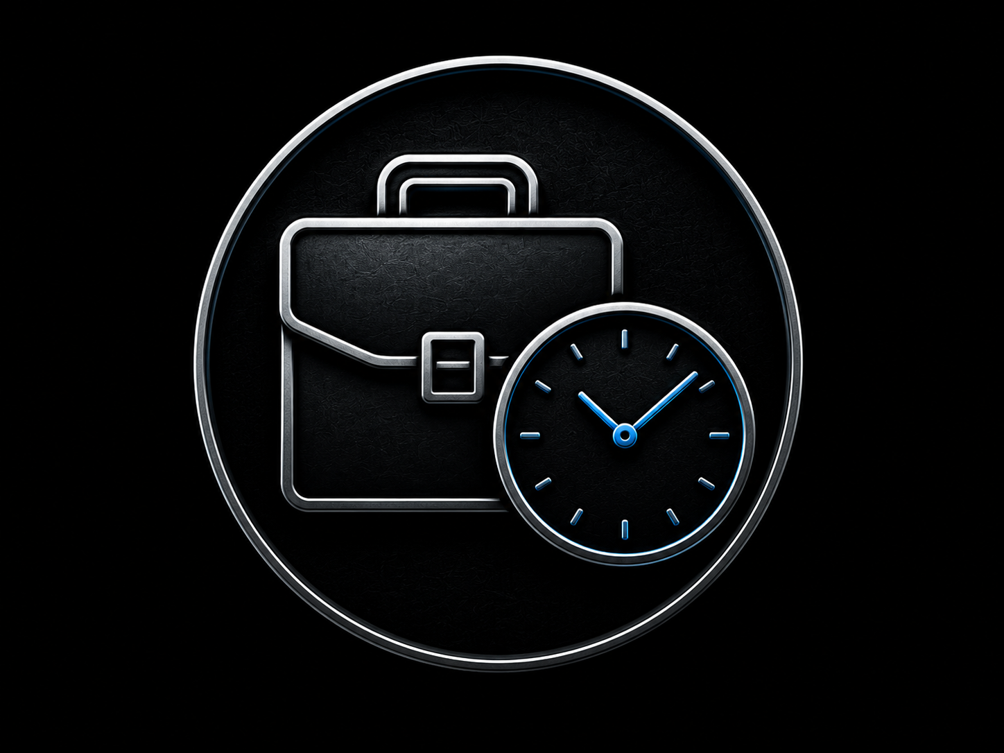 Neon outline of a briefcase and a clock on a black background.