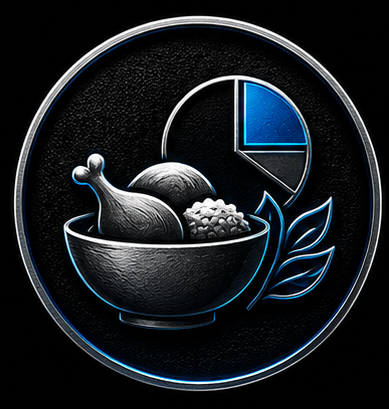 A bowl with a roasted chicken drumstick, a piece of bread, and vegetables, accompanied by a pie chart and a leaf illustration.
