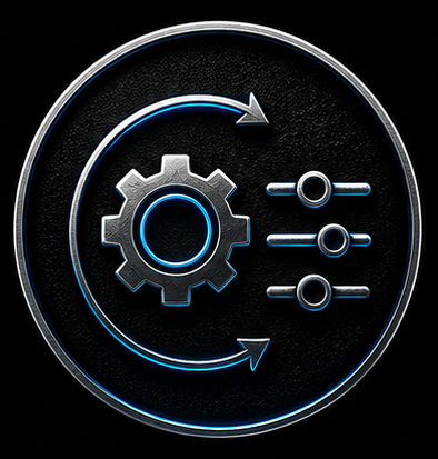 A digital graphic of a gear icon connected to sliders, surrounded by an arrow forming a circle, symbolizing settings or system updates, with a dark background.