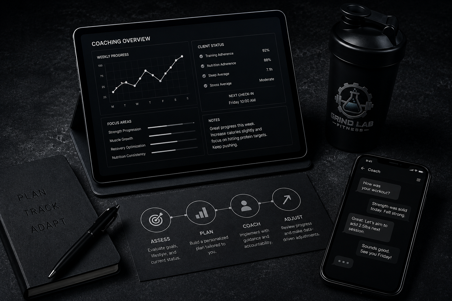 A tablet displays a coaching overview with weekly progress chart, focus areas, client status, next check-in time, and notes. A black notebook labeled "Plan Track Adapt" has a black pen on it. A black shaker bottle with a grind lab fitness logo is nearby. A smartphone shows a conversation with a coach about workout progress.