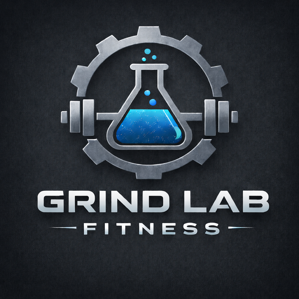 Logo for Grind Lab Fitness featuring a gray gear with a laboratory flask and blue liquid inside, with the name "Grind Lab Fitness" below.