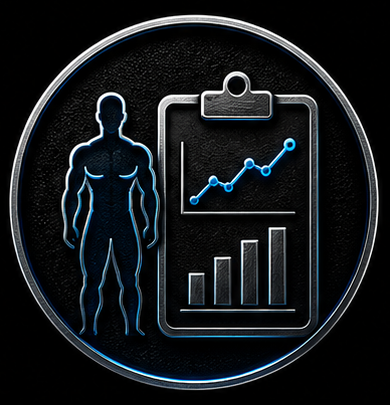 Icon of a human silhouette and a clipboard with bar and line graphs.