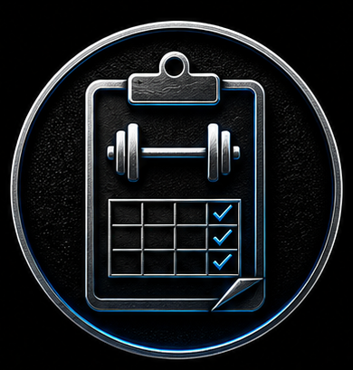 Fitness or workout progress checklist icon with a clipboard, checkmarks, and a barbell, illuminated with neon-like accents.