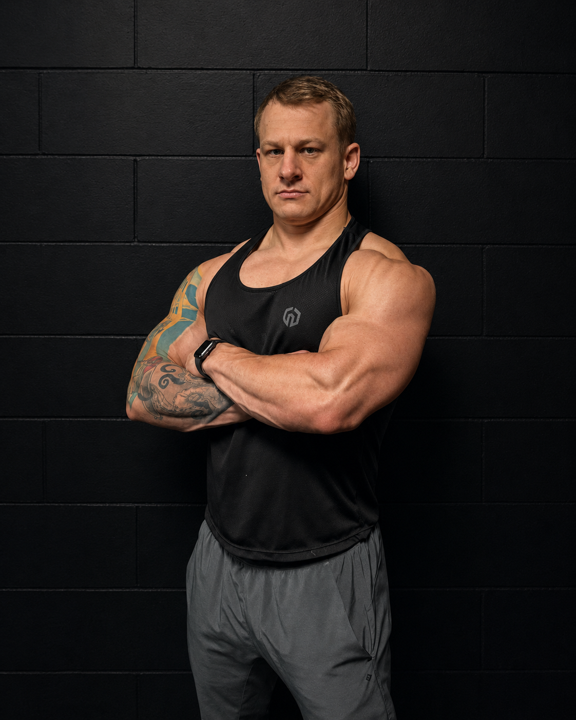 A muscular man in a black sleeveless athletic shirt and gray workout pants standing with arms crossed against a black brick wall.