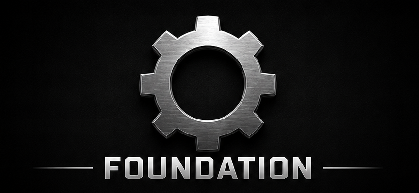 A metallic gear symbol with the word 'FOUNDATION' beneath it on a black background.