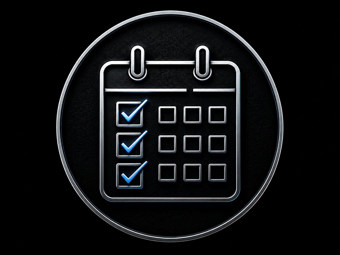 Neon-style illustration of a calendar with three checked boxes on the left side.