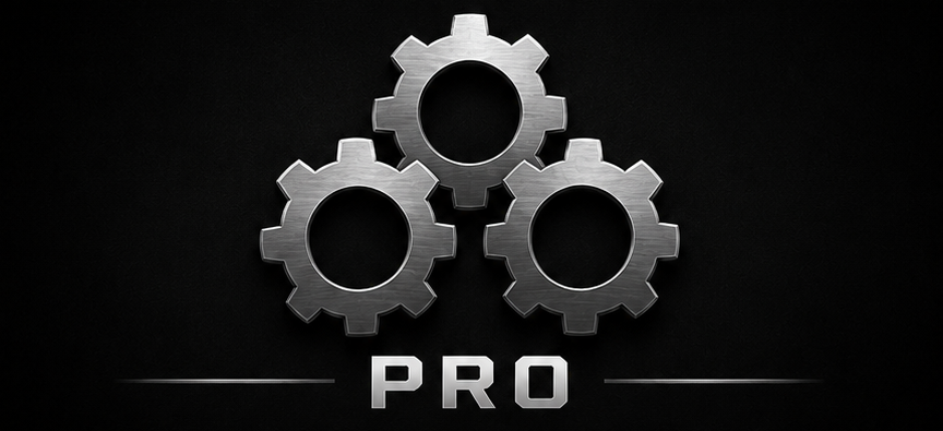 Three metallic gear icons arranged in a triangular formation with the word 'PRO' below, set against a dark background.
