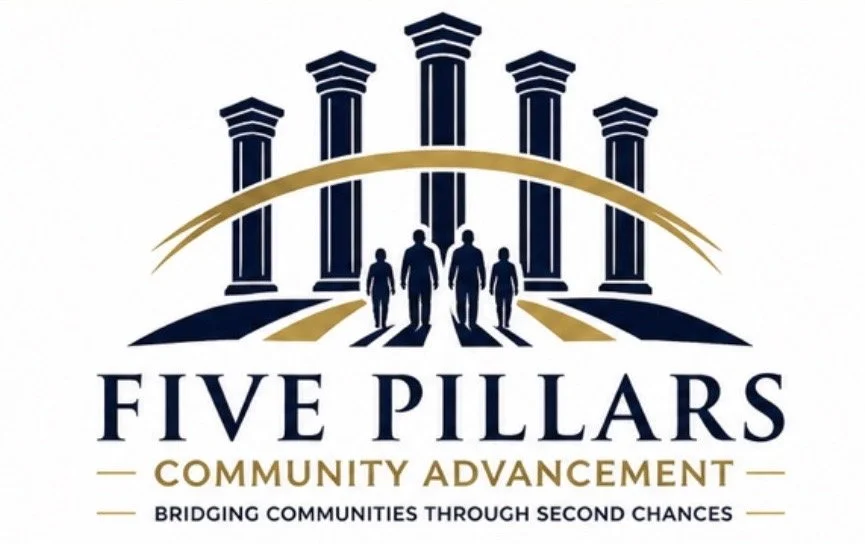 Logo with five blue pillars, five silhouetted people walking forward beneath an arch, and the words "Five Pillars Community Advancement" and the tagline "Bridging Communities Through Second Chances."