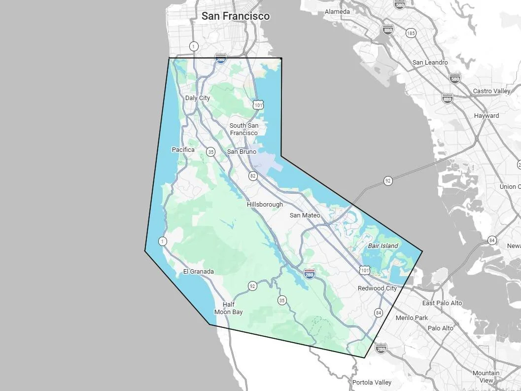 Map showing the boundaries of San Francisco Bay Area in California, including cities such as San Francisco, Daly City, South San Francisco, San Bruno, Hillsborough, San Mateo, Redwood City, and Half Moon Bay, with nearby highways and water bodies.