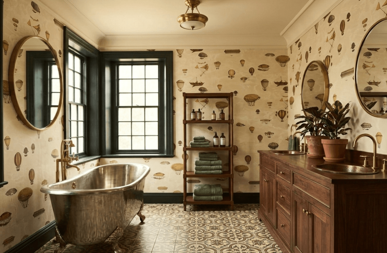A vintage-style bathroom with a clawfoot metallic bathtub, two mirrors, and a wooden vanity with two sinks. The walls are decorated with wallpaper depicting hot air balloons, and there is a window with black trim. A wooden shelving unit holds towels and bottles, and potted plants sit on the vanity.