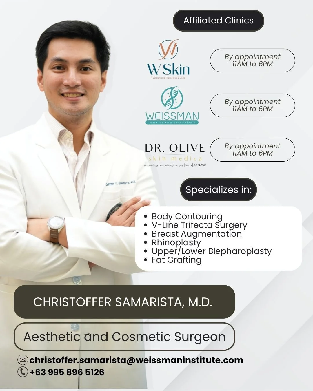 A professional doctor's promotional flyer featuring Dr. Christoffer Samarista, a specialist in aesthetic and cosmetic surgery. The flyer includes his contact information, clinic affiliations with W Skin, Weissman, and Dr. Olive Skin Media, and lists his specialties, which include body contouring, V-line triplecata surgery, breast augmentation, rhinoplasty, upper/lower blepharoplasty, and fat grafting.