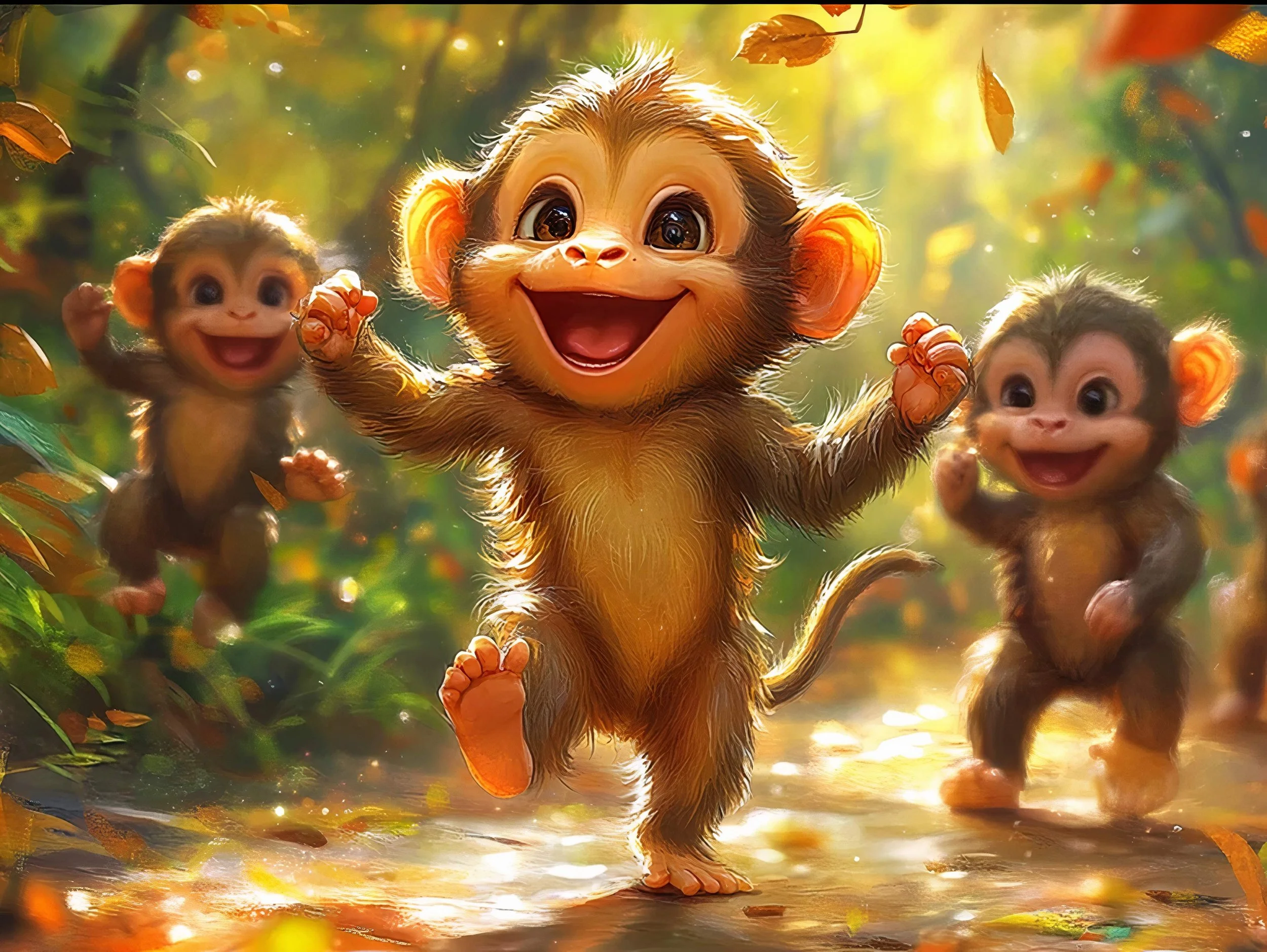 Animated image of three playful monkeys running through a vibrant forest with bright sunlight filtering through the trees.