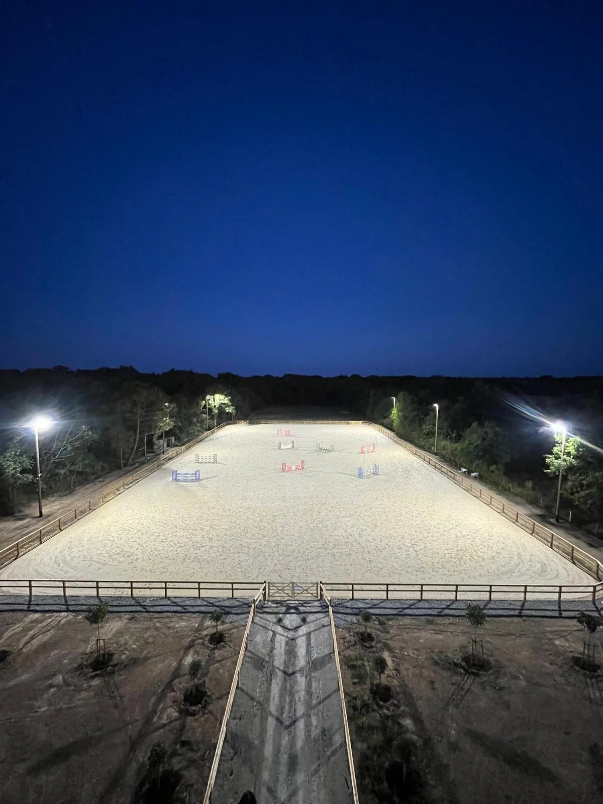 Une carrière de saut d'obstacles éclairée la nuit, avec plusieurs obstacles colorés disposés dans un espace clôturé, entourée de végétation et de projecteurs haut de gamme.