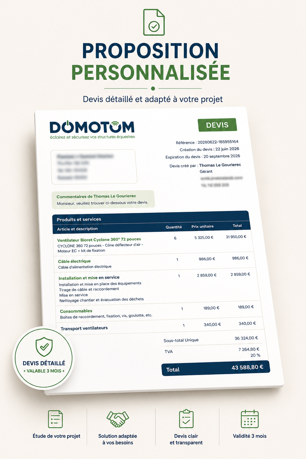 Une proposition de devis personnalisée pour des travaux électriques et d'installation avec des détails de produits, prix, validité de trois mois et commentaires de l'expert.