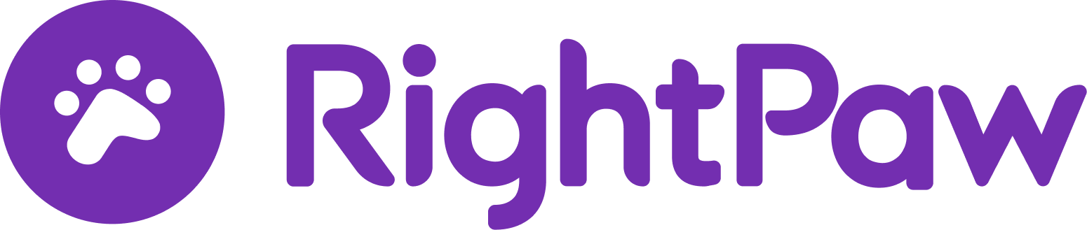 Purple logo with a paw print inside a circle followed by the word "RightPaw" in purple text