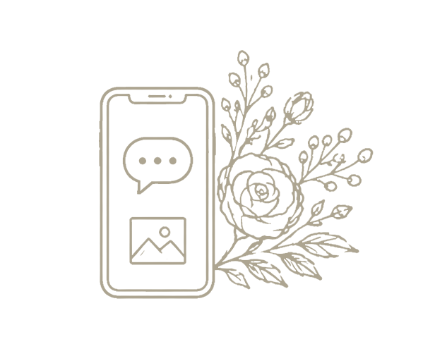 Schizzo di uno smartphone con icona di chat e immagine, decorato con disegni di fiori e foglie.