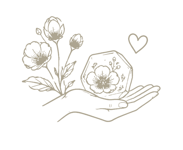 Disegno di una mano che tiene un fiore e un cristallo con un cuore vicino.