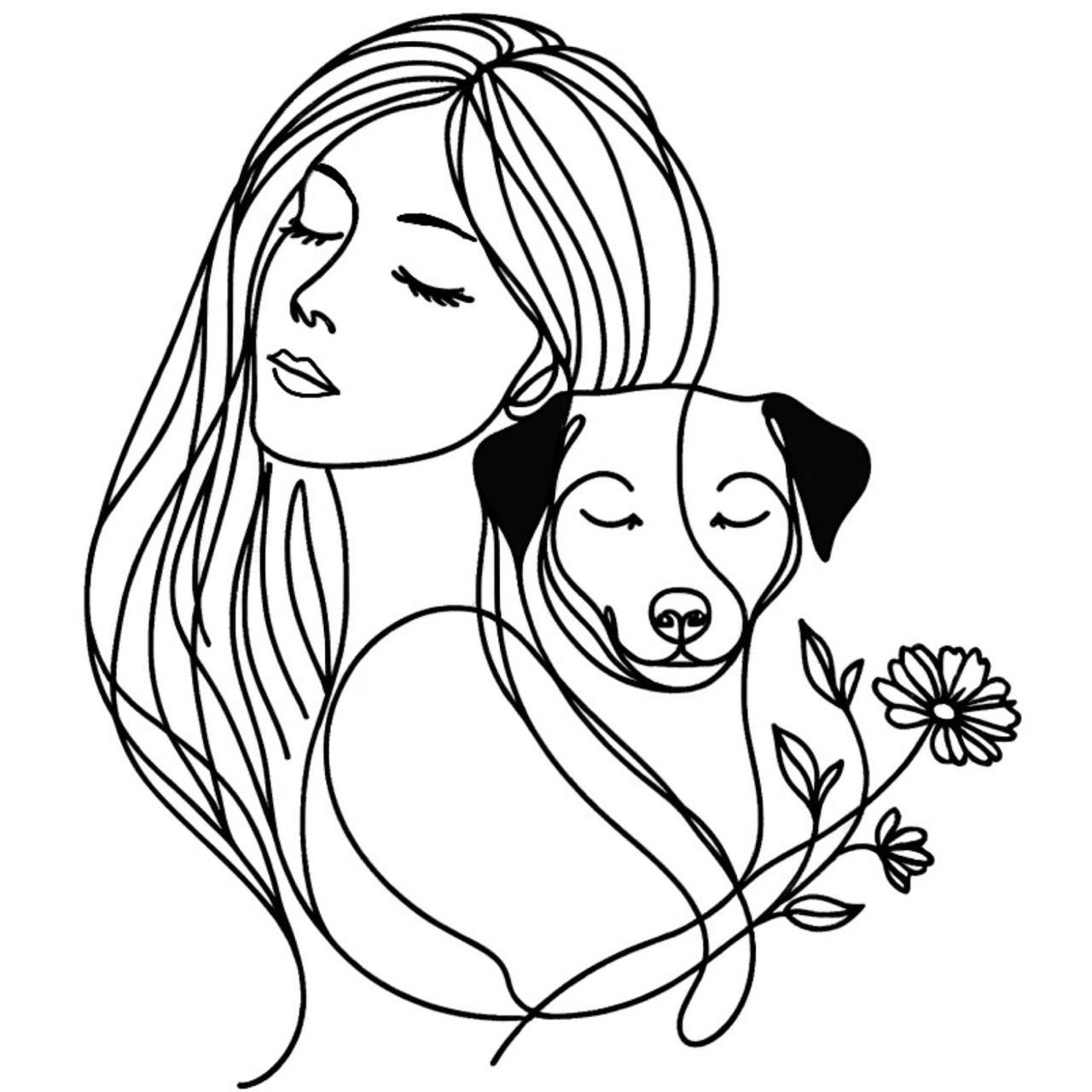 Illustrazione di una donna con lunghi capelli e un cane, entrambi con occhi chiusi, circondati da un cuore e dei fiori.