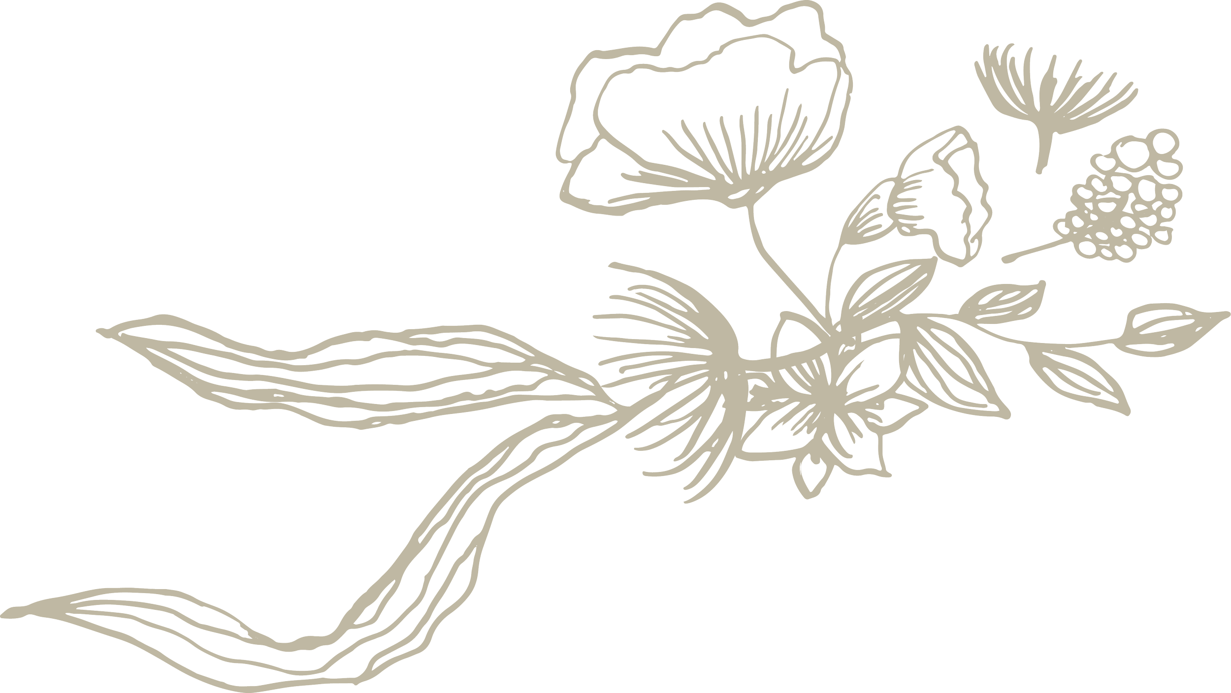Disegno stilizzato di piante e fiori in tonalità beige.
