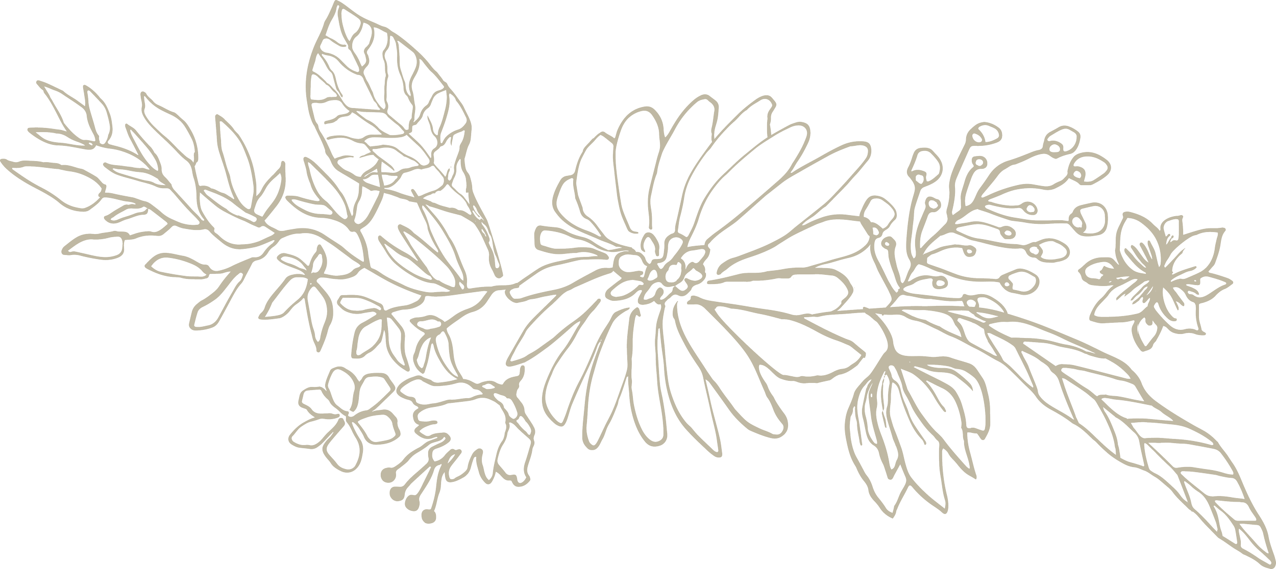 Disegno di una composizione floreale stilizzata con fiori, foglie e rametti, in stile linea continua, su sfondo nero.