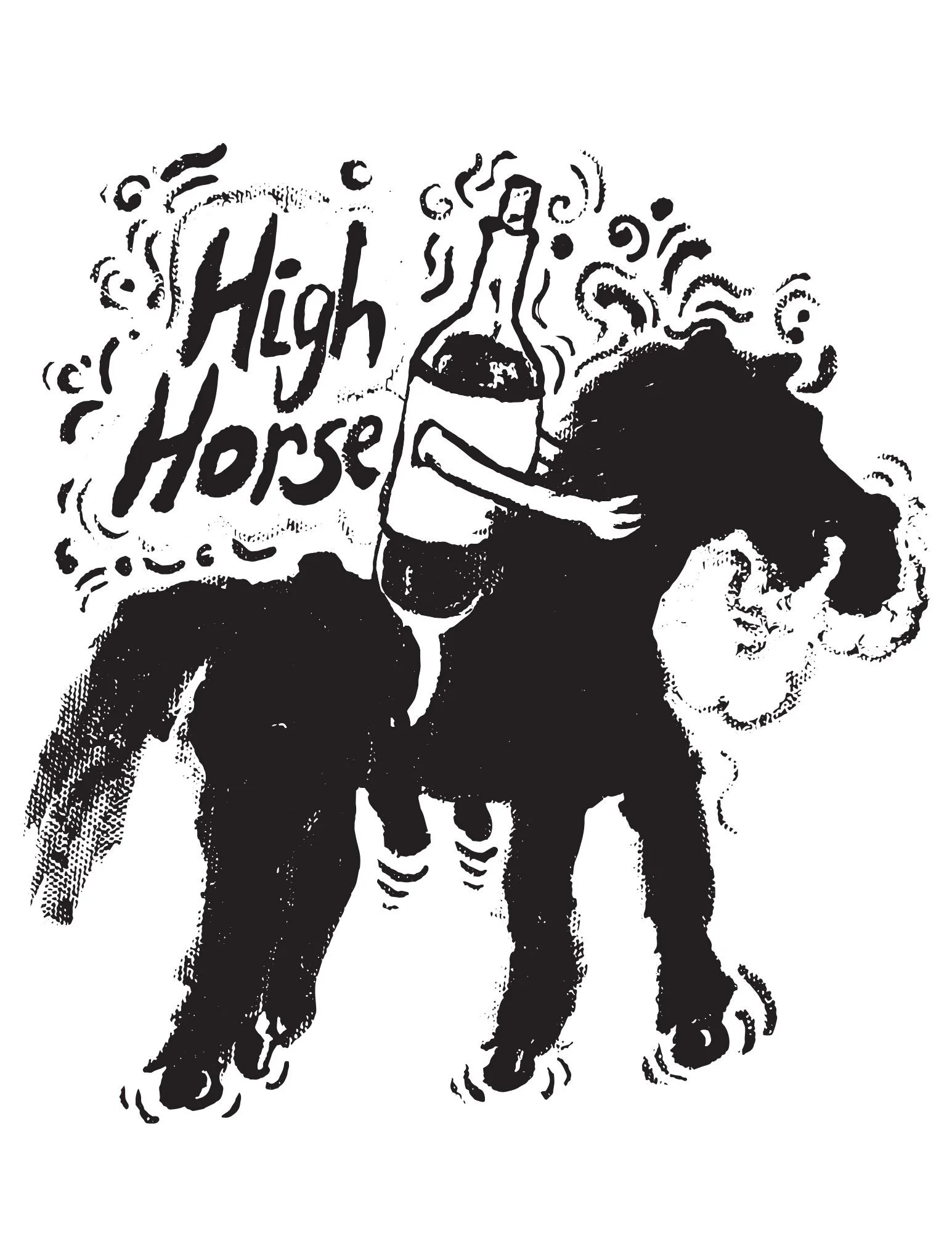 A wine bottle riding a horse with text that reads 'High Horse'.