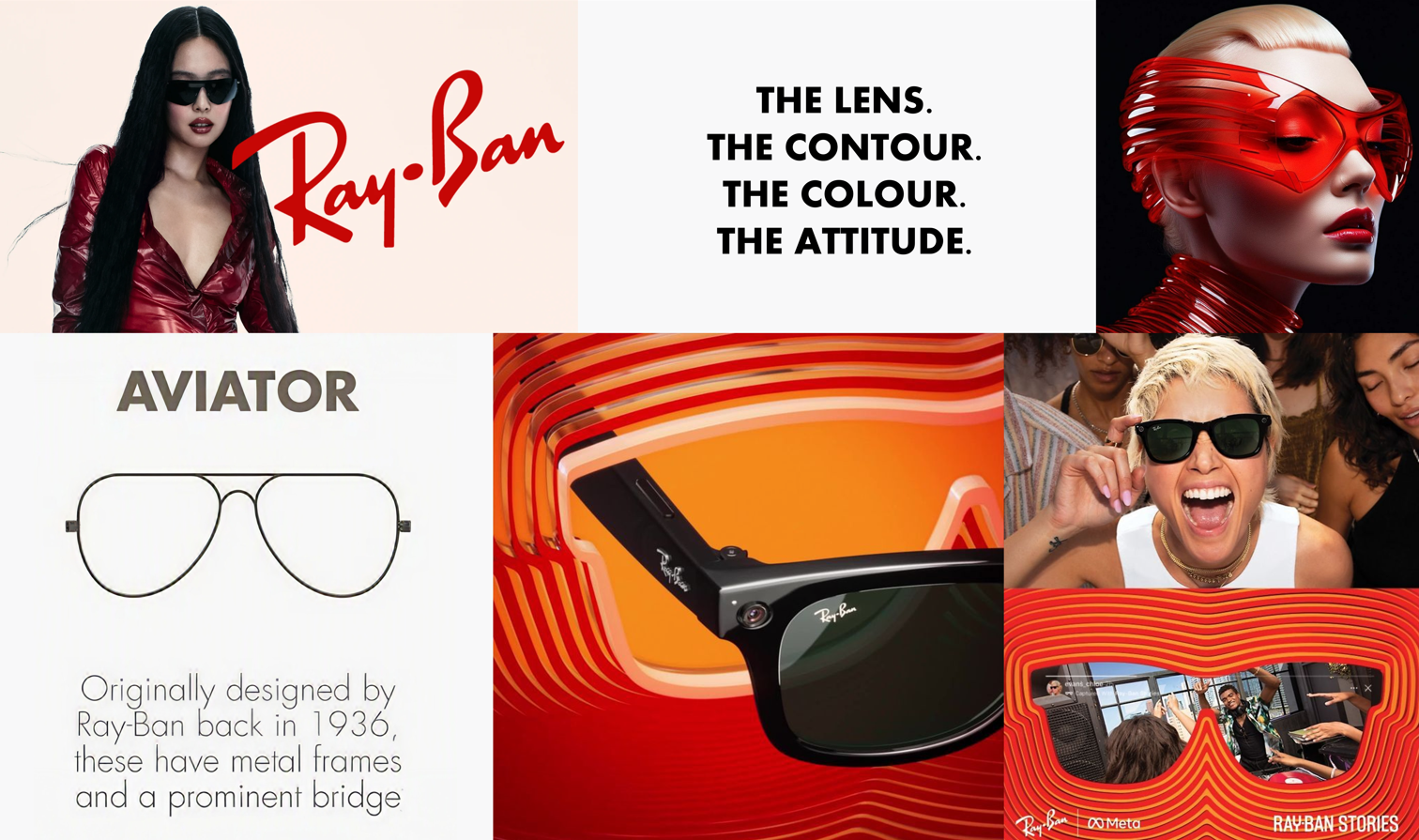 Ray Ban Mood Board Inspired by Aviator Sunglasses and Jenny advertisement to create a strong character reception counter