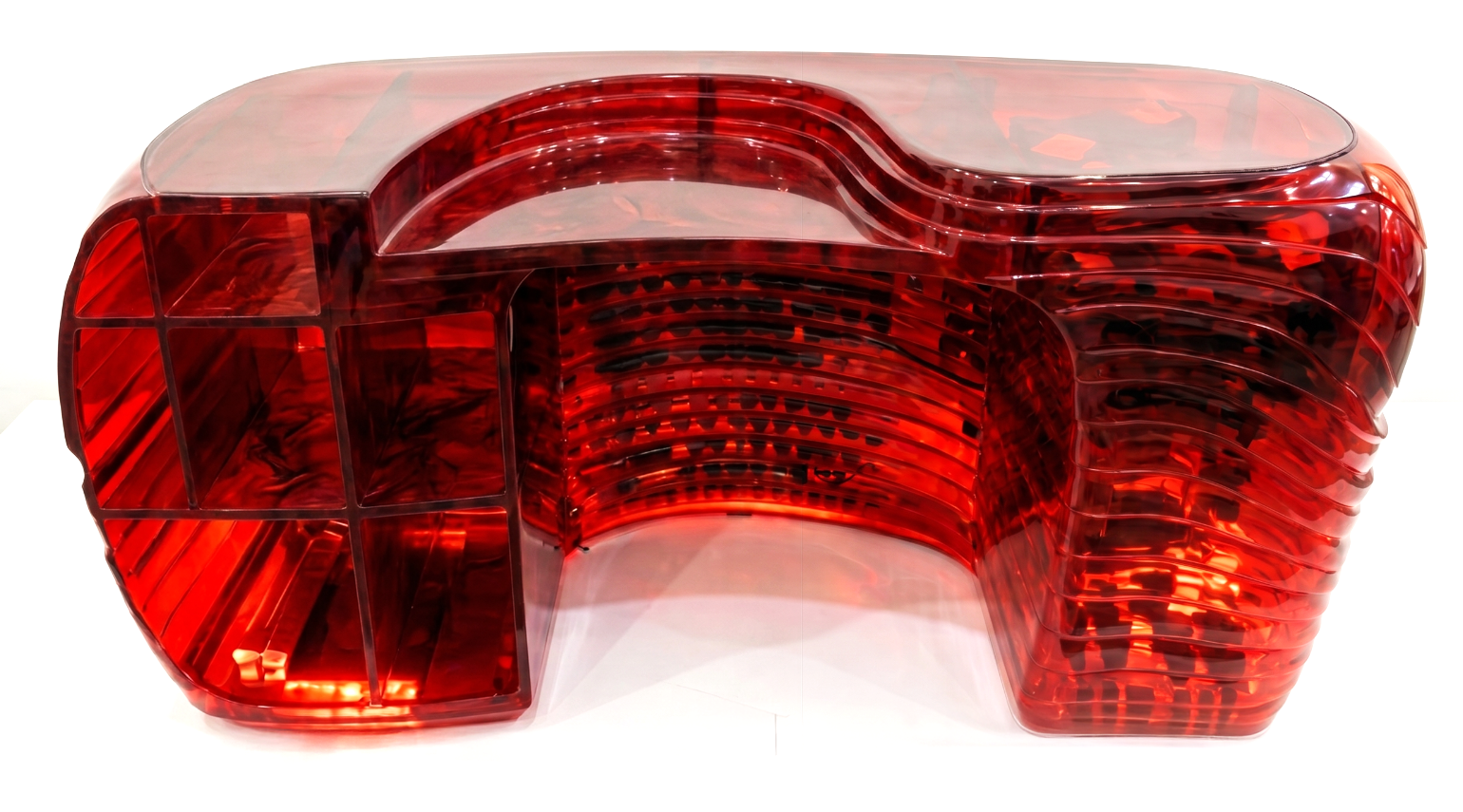 The Ray Ban reception is functional, bold, creative and innovative with using just one material - recycled acrylic