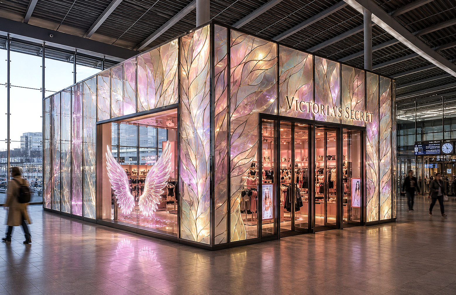 Victoria's Secret Facade concept with colourful glass and LED light in the train station