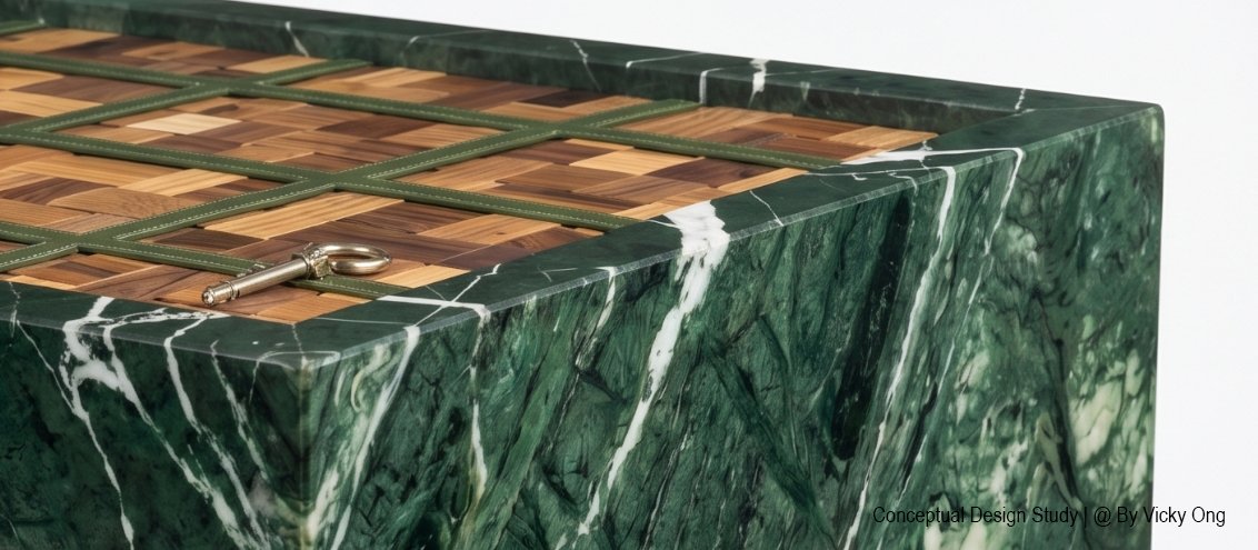Intrecciato walnut and Parakeet green woven centerpiece table design for Bottega Veneta KLCC