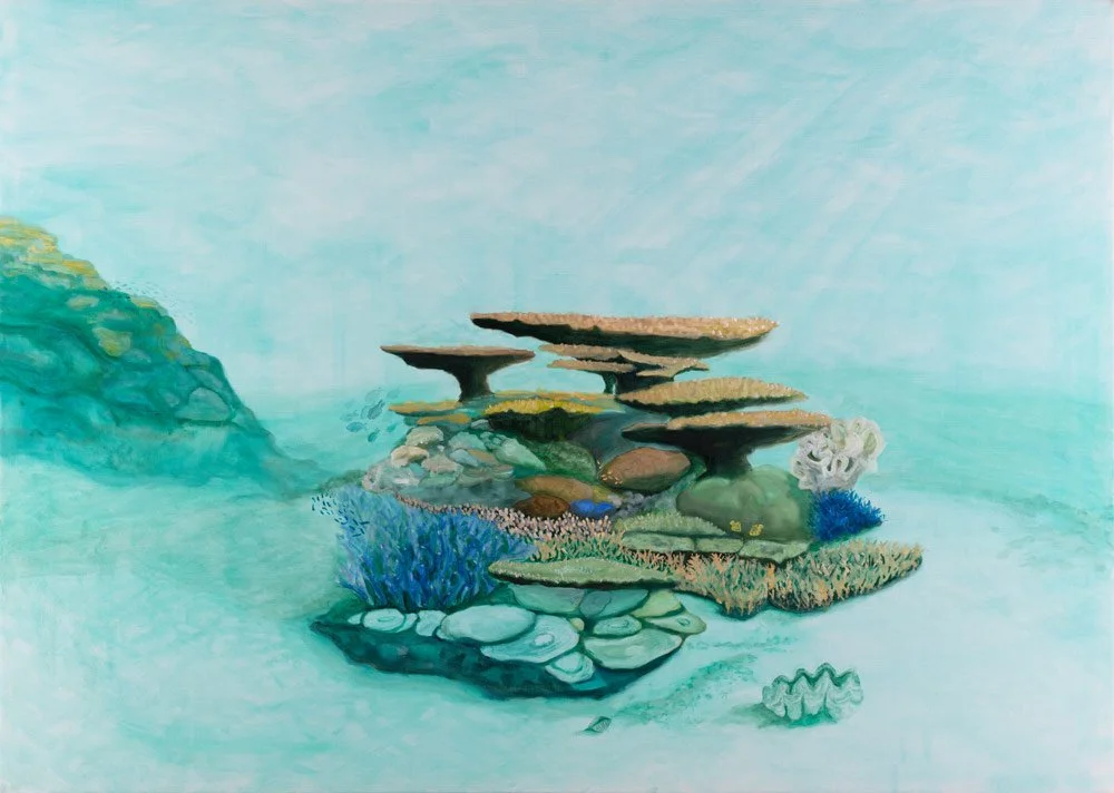 A Janet Morris painting of a terraced rock formation surrounded by water, with various colored rocks and seaweed underneath the rocks.