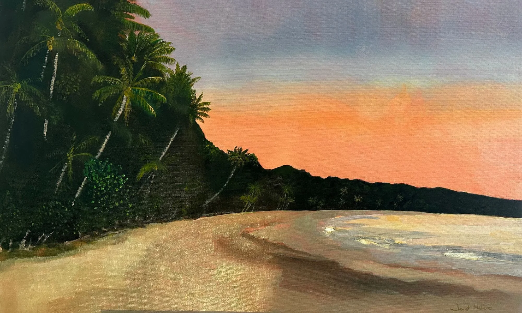 A Janet Morris painting of a tropical beach sunset at Four Mile Beach, Port Douglas, with a shoreline, a hill covered in palm trees, and a sky with shades of orange, pink, purple, and blue.
