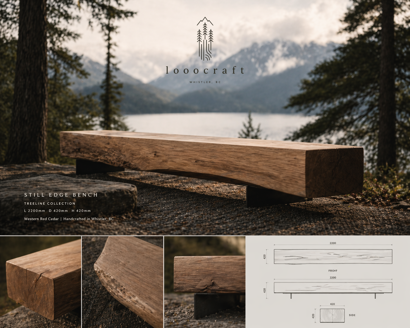 A wooden bench outdoors in a scenic mountain setting, with trees, water, and mountains in the background. The image includes close-up shots of the bench's details and technical drawings with dimensions.
