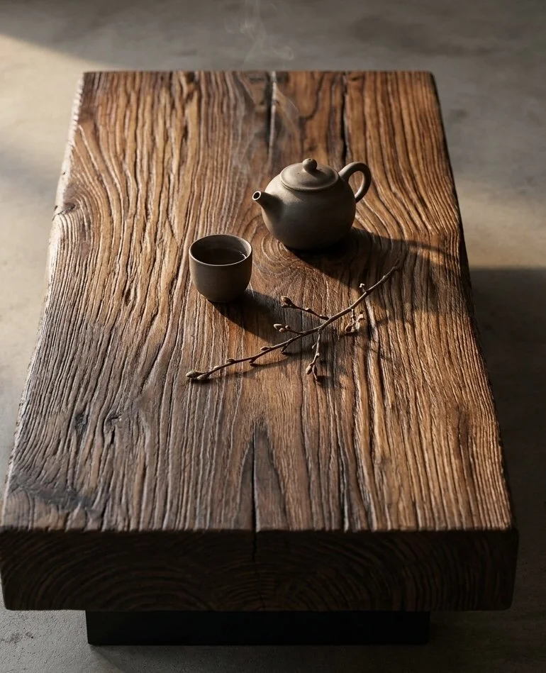 A wooden table with a teapot, teacup, and a small branch with buds inside, lit by natural light.